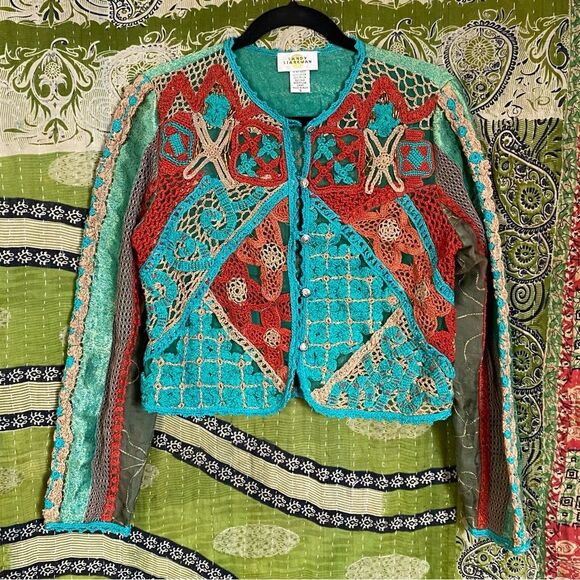 Sandy Starkman Sweaters - Rare Vintage Sandy Starkman Aqua Patchwork/ Embroidered Boho Cardigan Size Small